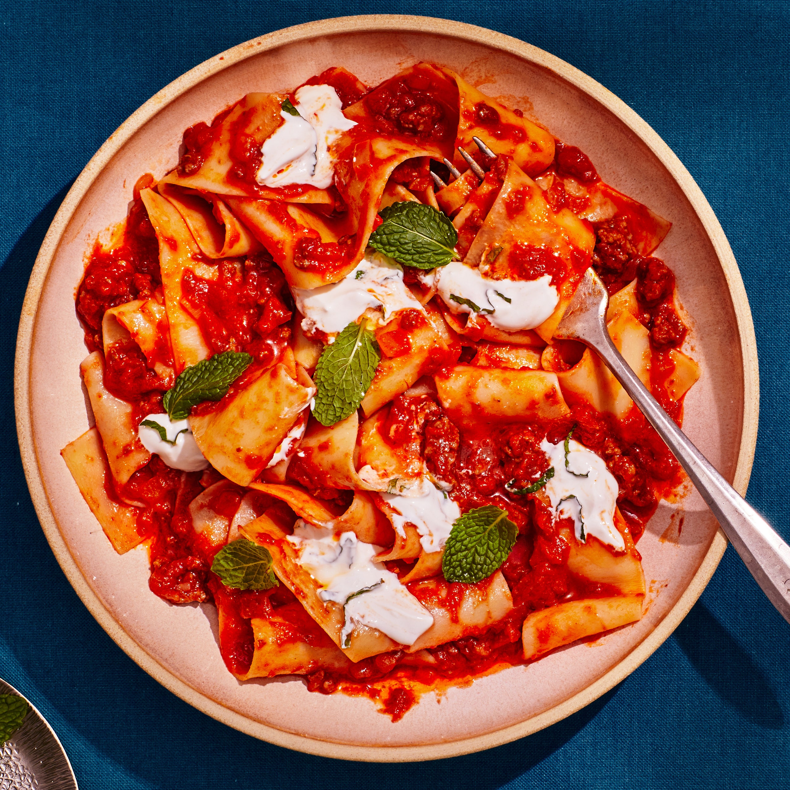 Red sauce Afghan pasta in a pink bowl on a dark blue background.