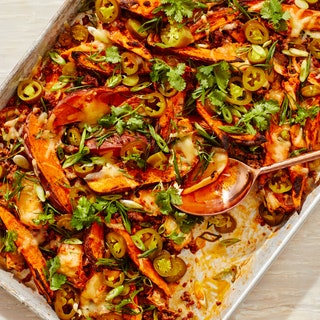 Sheet pan of sweet potato and kimchi nachos