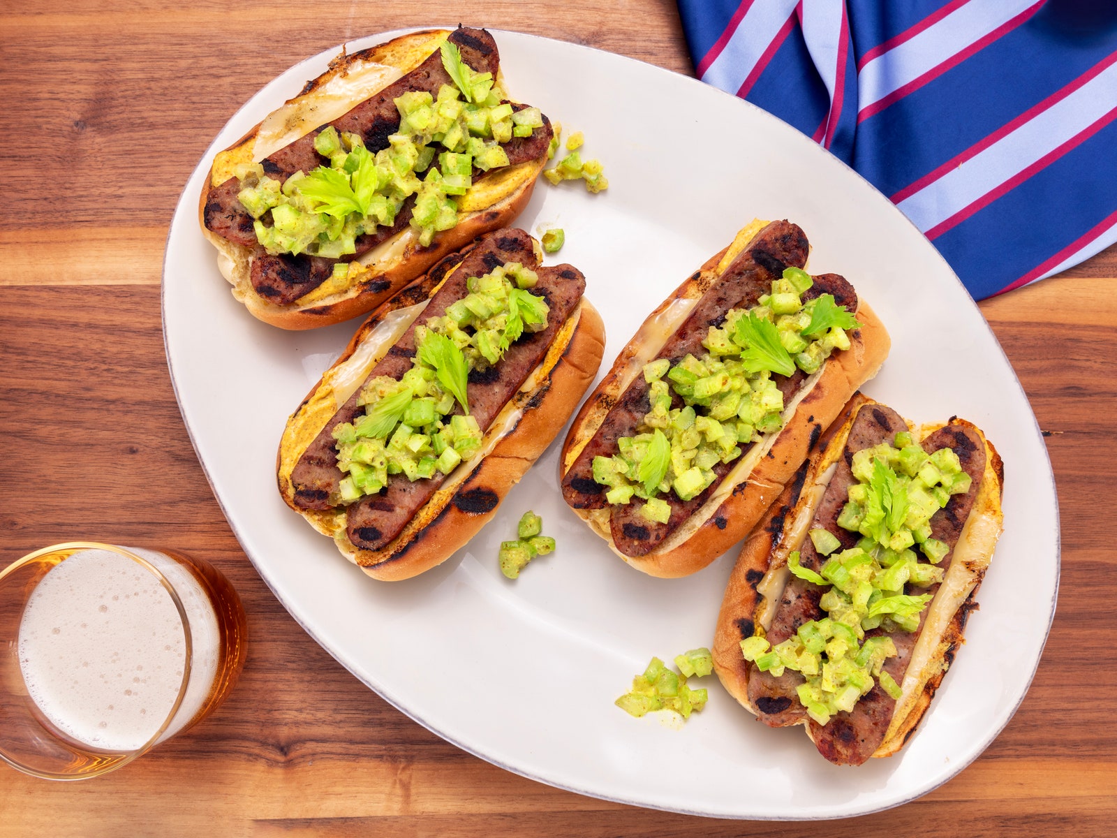 Cheesy Brats With Celery-Pickle Relish