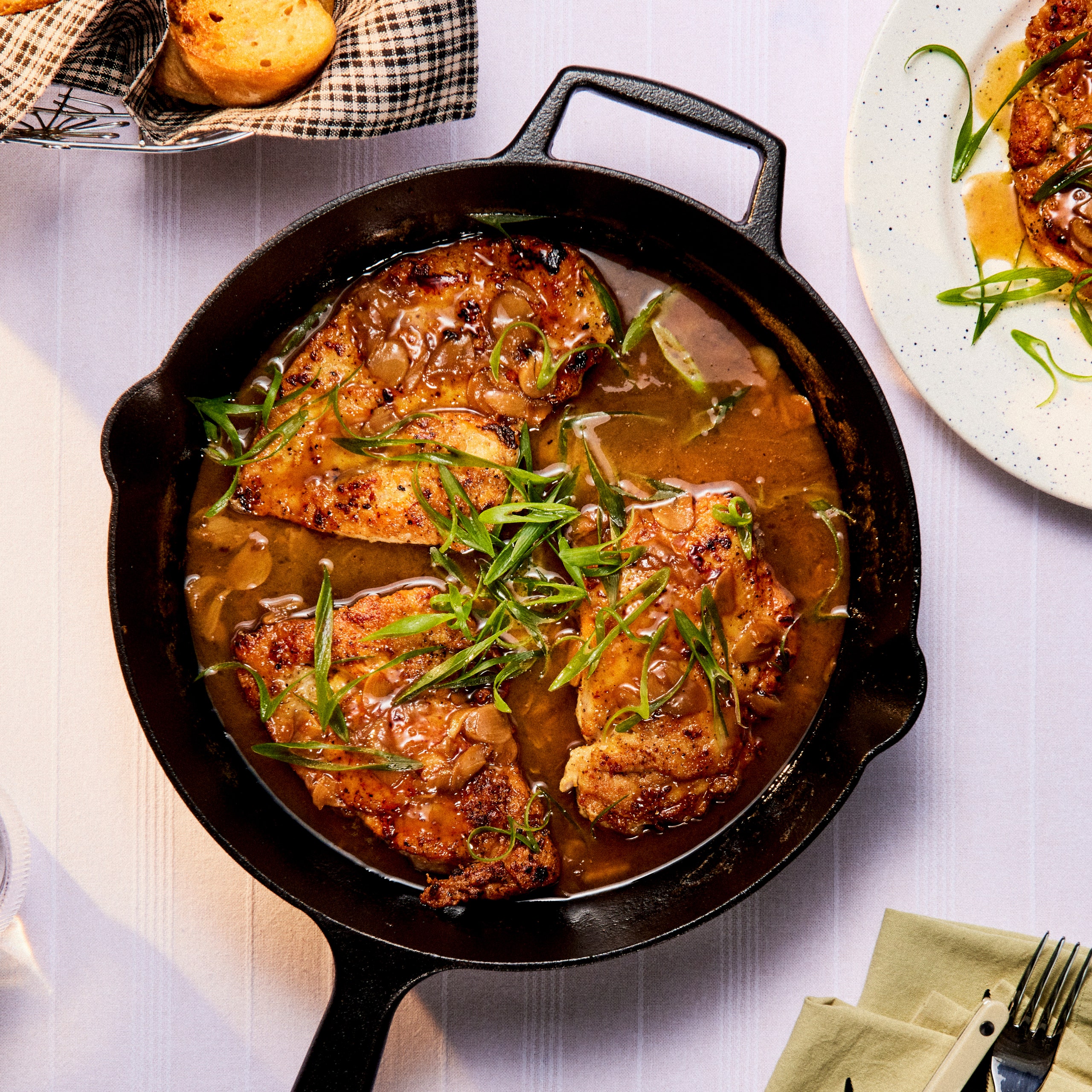 Yuzu Chicken Piccata in black cast iron skillet