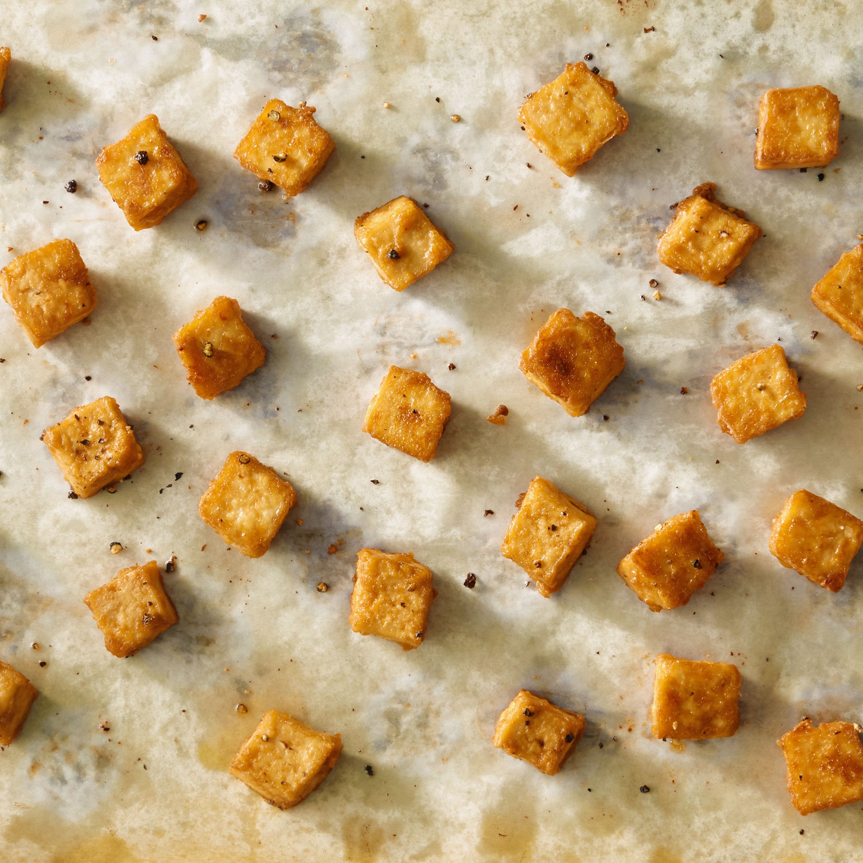 Baked tofu on a sheet tray