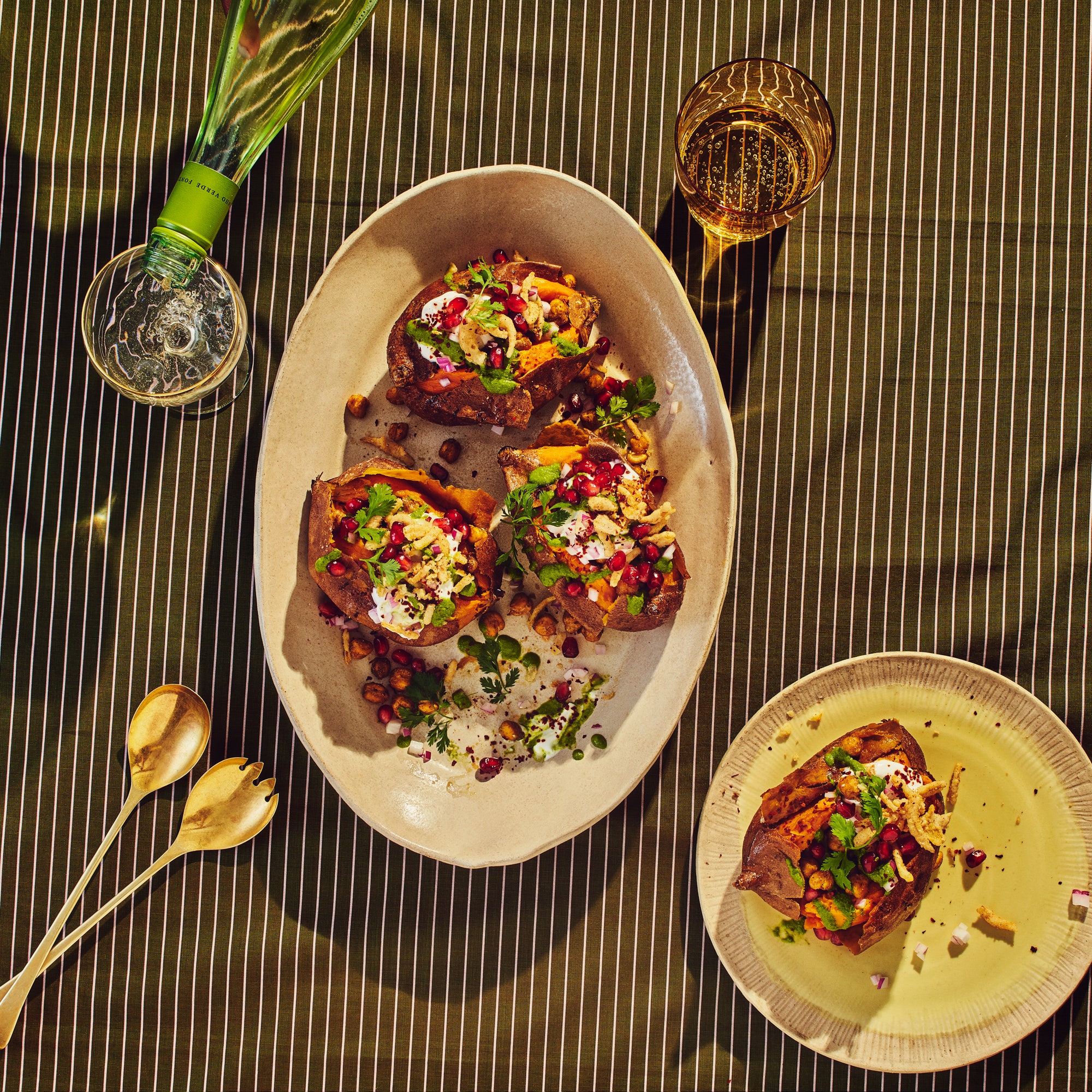 Baked sweet potato chaat on a platter and plate