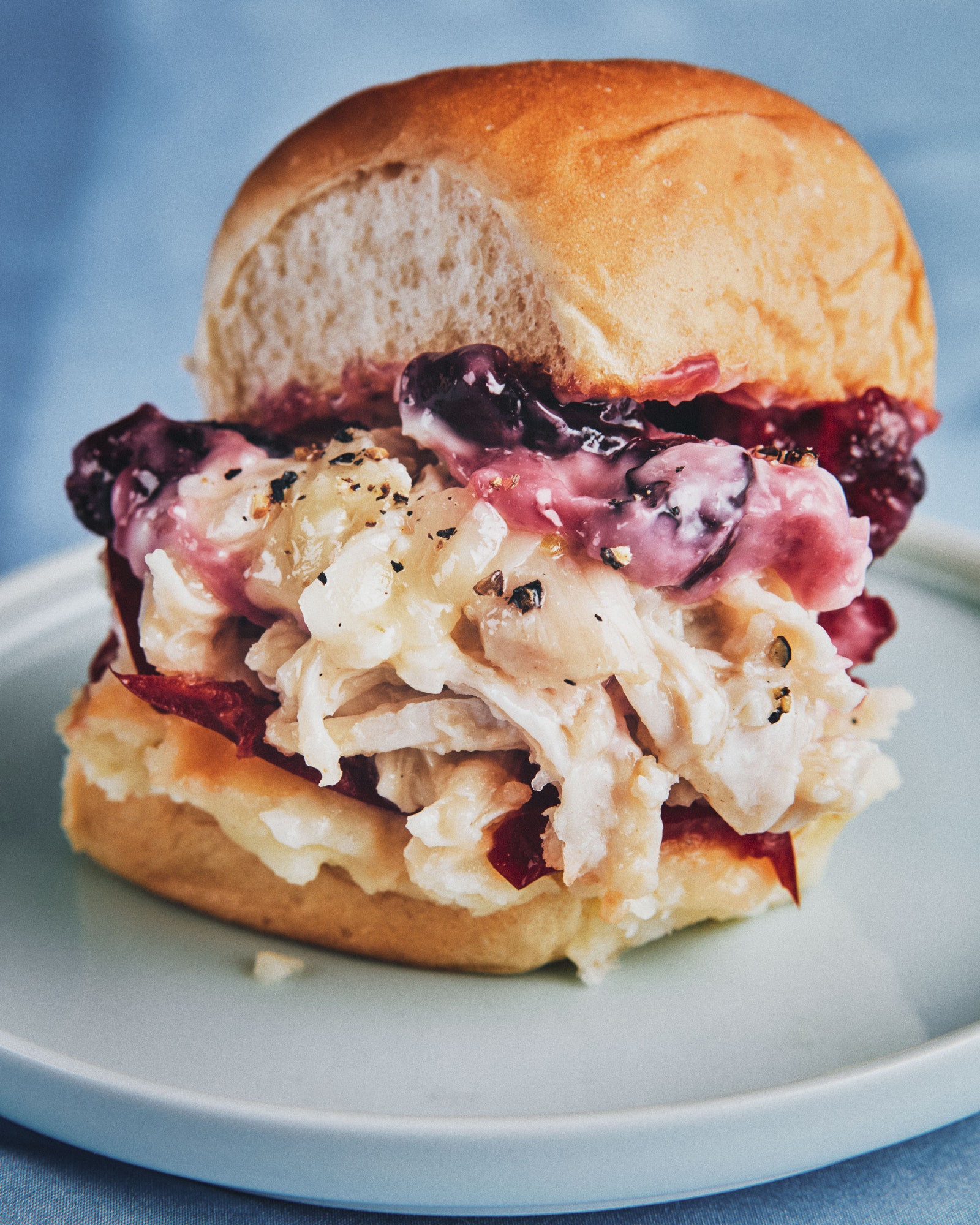 A sandwich with shredded turkey melted provolone cheese cranberry sauce and pickled hot cherry peppers.